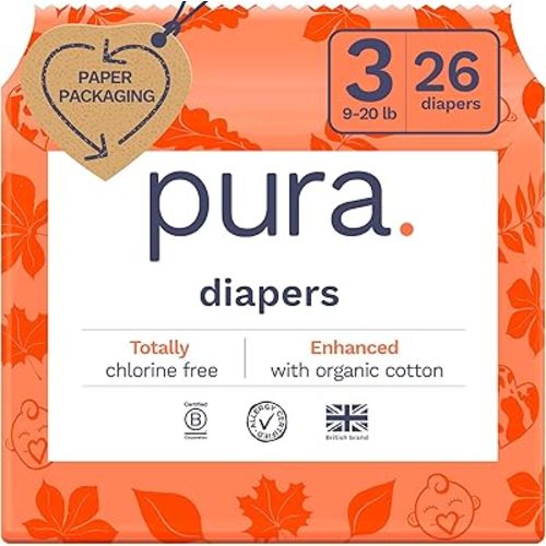 Pura Size 3 Eco-Friendly Diapers (9-20 lbs) Totally Chlorine Free (TCF) Hypoallergenic, Soft Organic Cotton, Sustainable, up to 12 Hours Leak Protection, Allergy UK, 1 Pack of 26 Diapers