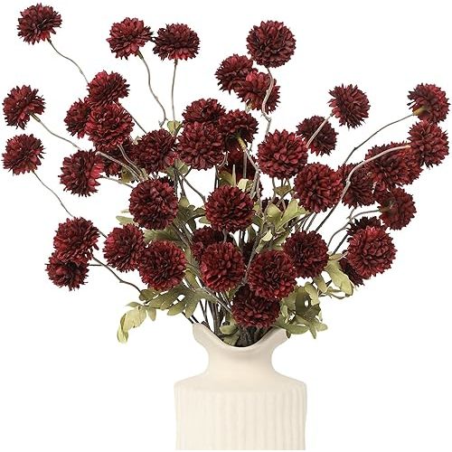 DuHouse 6pcs Artificial Flowers Faux Silk Pompon Mum,Silk Small Mini Chrysanthemum Ball with Stems for DIY Wedding Bouquets Centerpieces Vase Home Table Kitchen Decorations(Burgundy)
