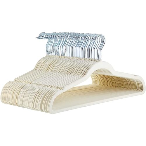 Amazon Basics Slim Velvet Non-Slip Space Saving Suit Clothes Hangers with Shoulder Notches for Closet Organization, Ivory/Silver, 50-Pack