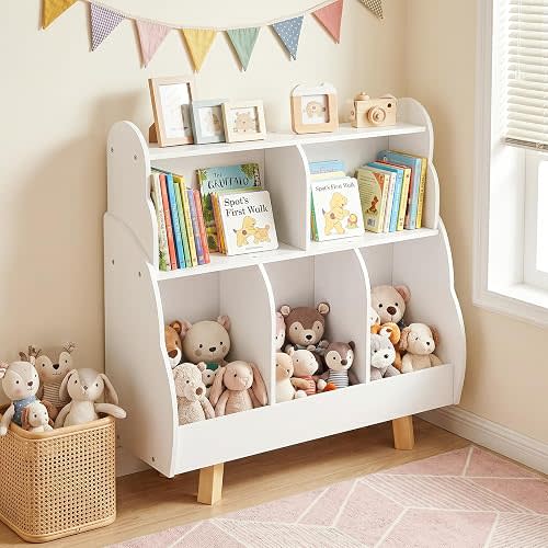 Kids Bookshelf, Wooden Toy Storage Organizer Bookcase 3-Tier with 5 Open Storage Compartments, Toddler Bookshelf for Kids Rooms, Nursery, Playroom, Bedroom, Living Room