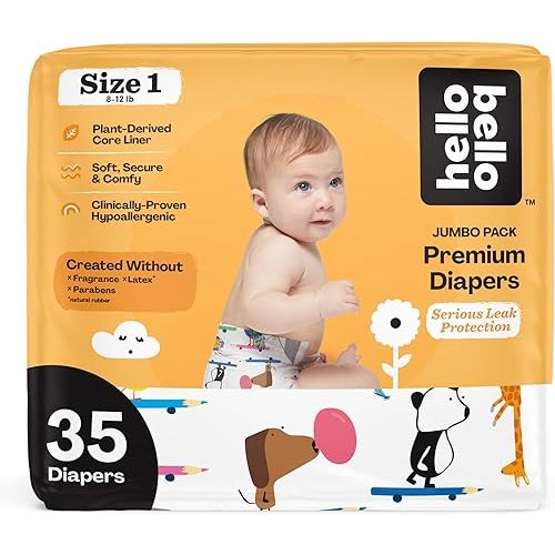 Hello Bello Premium Baby Diapers Size 1 I 35 Count of Disposeable, Extra-Absorbent, Hypoallergenic, and Eco-Friendly Baby Diapers with Snug and Comfort Fit I Teachers Pet