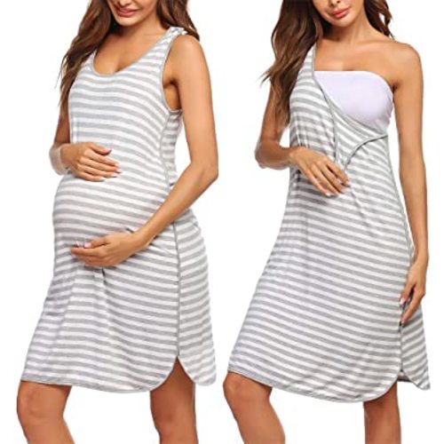 Ekouaer Women's Maternity Sleeveless Dress Striped Nightgown Pregnancy Gown for Breastfeeding