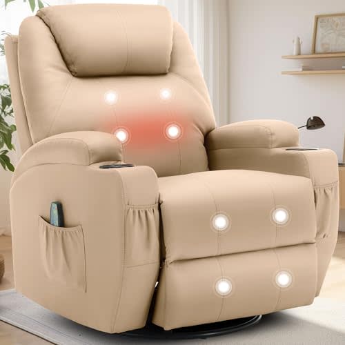 Korser Recliner Chair, Rocking Chair with Massage and Heat, 360° Swivel Recliner Chairs for Adults, Rocker Manual Recliner with Remote Control and Cup Holder for Living Room, Bedroom, Nursery