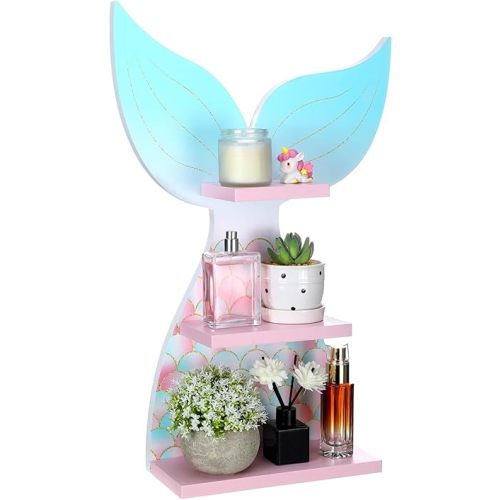 Bencailor Mermaid Wall Shelf Decor Wooden Floating Mermaid Tail Shelf Hanging Wall Art Decor for Girls Bedroom Nursery Gift (Pink and Blue)