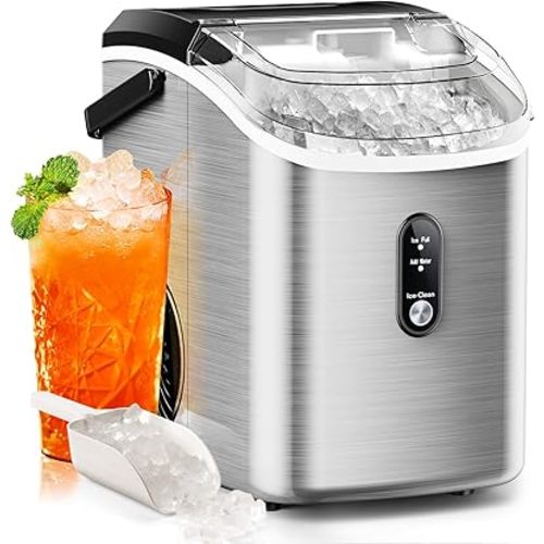 Nugget Ice Makers Countertop with Soft Chewable Pellet Ice, 7 Mins Ice Making, 35.5Lbs/24Hrs, Pebble Ice Maker Machine with Self-Cleaning/Ice Basket/Ice Scoop for Home/Office/Bar, Silver