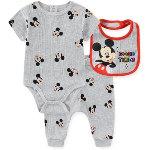 Disney Mickey Mouse Baby Boys Creeper and Pants Set with Bib for Newborn and Infants
