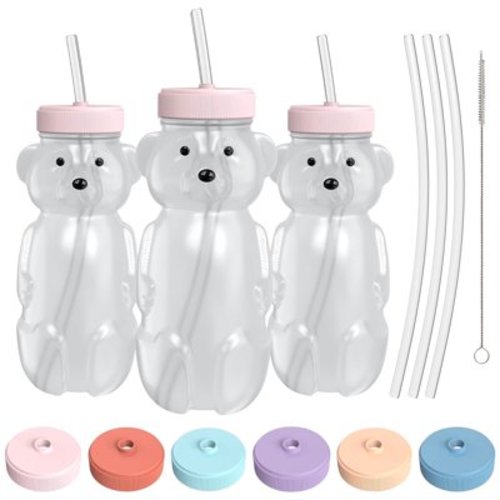 The 730 Project Honey Bear Straw Cup for Toddlers 8 fl oz, Lid, 3-Pack Therapy Set Baby Bottle, Pink