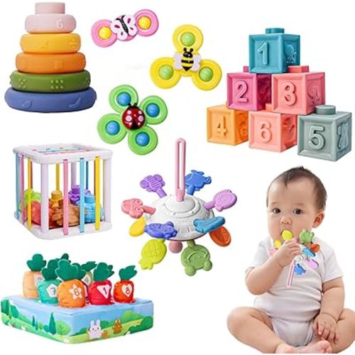 Montessori Baby Toys 6-12 Months, 6-in-1 Sensory & Learning Set with Blocks, Spinner, Stacker & More - 32PCS