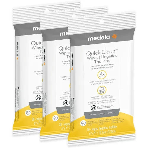 Medela Quick Clean Wipes for On-The-Go Cleaning of Breast Pumps, Accessories, and Various Surfaces, Resealable, Plant-Based, 3 Packs of 30 (90 Count)