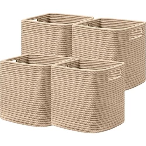 UBBCARE Set of 4 Storage Basket-11 X 10.5 X 10.5 In, Cotton Rope Basket for Shelves, Toys, Book, Cube Storage Bins with Handles, Woven Storage Basket for Organizing, Brown