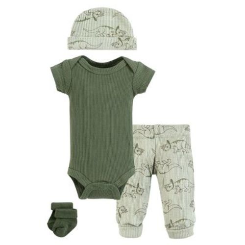 Hudson Baby Boys Thermal Preemie Layette Set 4pc Short Sleeve Outfit, Sage Dinosaur, Preemie