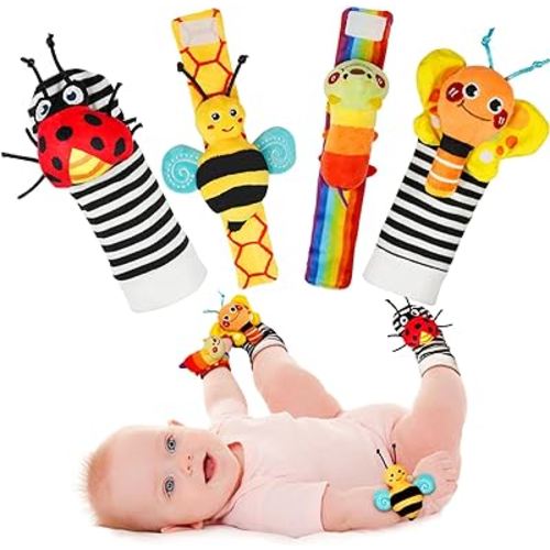 Infinno Baby Wrist Rattle Socks and Foot Finder Set, Perfect Baby Toys for 0-12 Months Newborn Boys and Girls As Baby Shower Gifts, Garden Bug Series