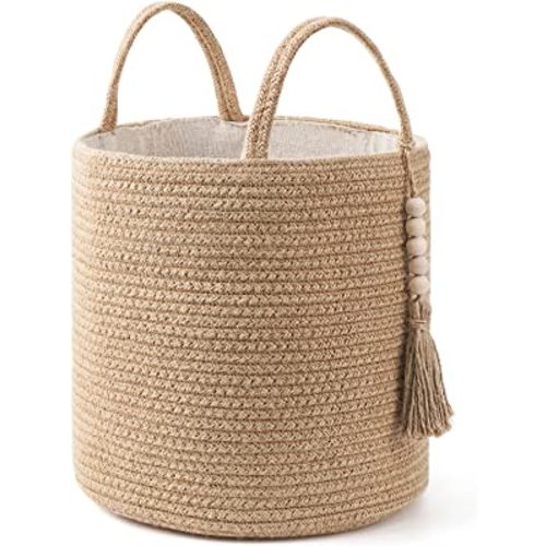 Mkono Woven Storage Basket Small Decorative Rope Basket with Wooden Bead Tassel for Toys Clothes Organizer Bin with Handles, Plant Basket Indoor Bedroom Living Room Home Decor, Jute, 11" x 11"