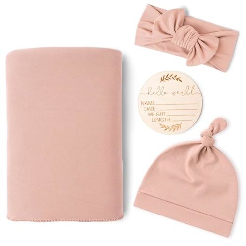 Newborn Receiving Blanket with Matching Headband and Beanie Set (Millenial Pink)