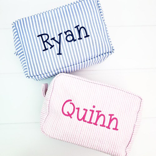 Monogrammed Seersucker Pouch for Kids - Personalized Childrens Travel Bag Suitcase - 7 Colors