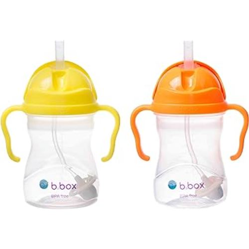 b.box Sippy Cup with Weighted Straw (2-pack). Drink from any Angle, Leak Proof, Spill Proof, Easy Grip. BPA Free, Dishwasher Safe. For Babies 6m+ to Toddlers (lemon + orange zing, 8oz)