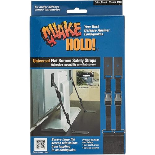 QuakeHOLD! Universal Flat Screen TV Safety Straps, Nylon Anti-Tip Adhesive Straps, Earthquake Protection, For TVs and Furniture, Child Proofing for Home Safety, Easy Installation, Black, 1 Pack