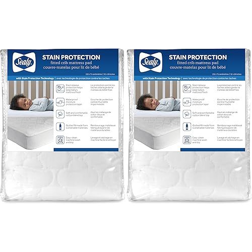 Sealy Baby Stain Protection Fitted Waterproof Infant Crib Mattress Protector Pad and Toddler Bed Cover, Durable and Comfortable Topper, Machine Washable and Dryer Friendly, 52” x 28”- White