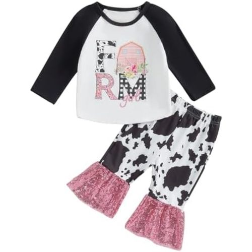 Western Bell Bottom Outfits For Toddler Girls Fall Winter Clothes Cow Print Crewneck Sweatshirt Flare Pants Casual Set