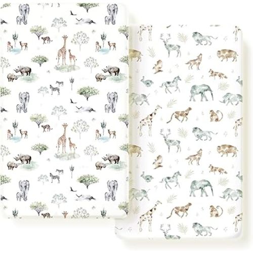 Stretch Ultra Soft Jersey Knit Fitted Crib Sheets Set 2 Pack,Fit All Standard Crib Mattress Pads Safe and Snug, Crib Fitted Sheet for Baby, Stylish African Savannah Animals Pattern