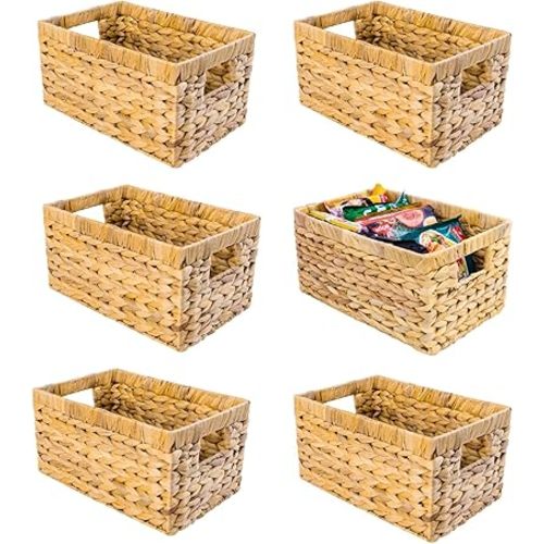 Set of 6 Wicker Storage Basket, Water Hyacinth Storage Baskets, Wicker Storage Baskets for Shelves, Wicker Baskets for Storage, Woven Baskets For Storage (6 Packs Medium)