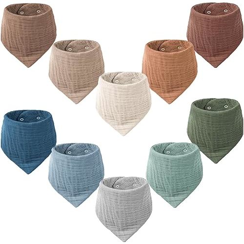 Konssy Muslin Baby Bibs 10 Pack Baby Bandana Drool Bibs 100% Cotton for Unisex Boys Girls, 10 Solid Colors Set for Teething Drooling