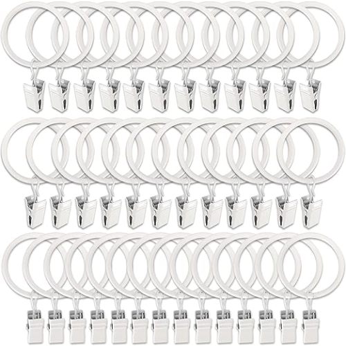 40 Pack White Curtain Rings with Clips, Curtain Hooks Hangers Clip Rings for Hanging Drapes Bows Hat, Drapery Rings 1.5 in I D, Fits up to 1.2 in Diameter Curtain Rod.