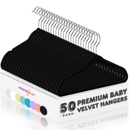 HOUSE DAY 50 Pack Velvet Kids Hangers 11'' Inch Baby Felt Hangers Space-Saving Thin Design Baby to Toddler Clothes Organizer, Black