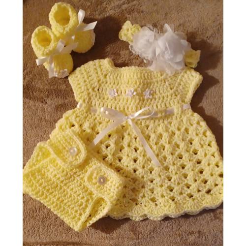 Crochet Light Yellow White Baby Girl Dress Set Headband Diaper Cover Booties Newborn 0/3 Month Girl Newborn Dress Outfit Baby Shower Gift