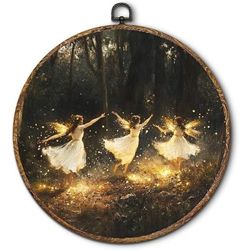 kdqua Enchanted Forest Fairy Round Wall Art Decor, Vintage Fantasy Fairytale Canvas Artwork Framed, Dark Academia Cottagecore Wall Hanging Decorations for Church Home Bedroom Living Room, 10x10 Inch