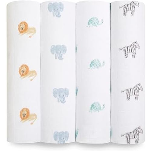 aden + anais Swaddle Blanket, 100% Organic Cotton Muslin Blankets for Girls & Boys, Baby Receiving Swaddles, Ideal Newborn & Infant Swaddling Set, 4 Pack, Animal Kingdom