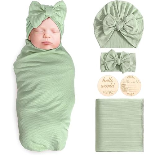 Newborn Receiving Blanket with Bow Hat Headband Wooden Card Set Newborns Toddler Baby Boy Girl Nursery Swaddle Wrap