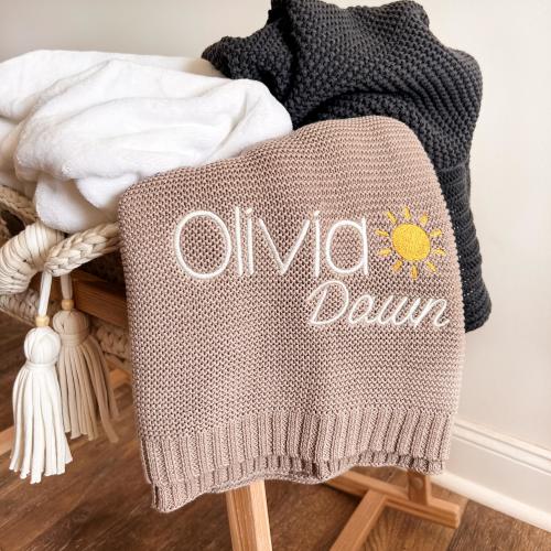 Sun Knit Blanket, Baby gift, Personalized Blanket, Newborn Baby Gift, Soft Cotton Baby Blanket, Sunshine Baby Blanket, Embroidered Blanket