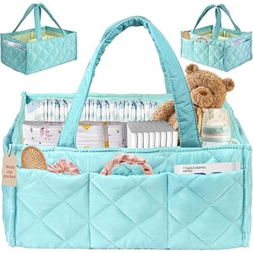 Baby Diaper Caddy Organizer with Zipper Pockets & Dividers – Portable Nursery Storage Basket for Diapers, Wipes & Newborn Essentials, Baby Shower Gifts (Mint Green)