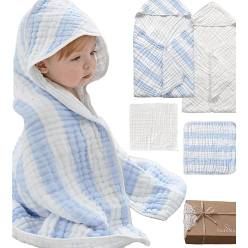 Muslin Hooded Baby Towel 4 Pack, 100% Organic Premium Cotton, (2) 6-Layer 32x32 Bath Towels & (2) Washcloths, Soft Newborn & Infant Gift Set (Blue Stripe & White)