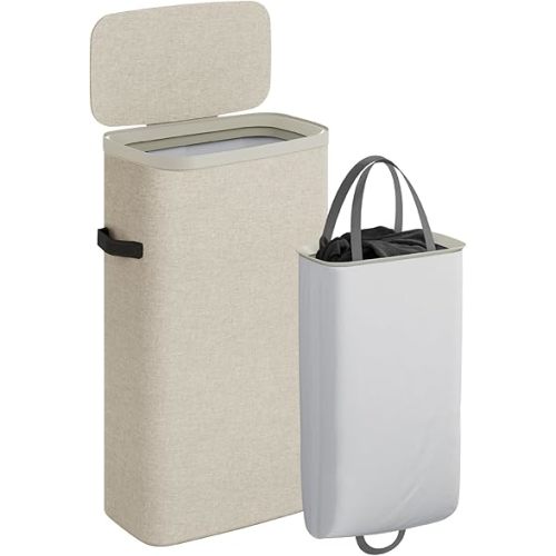 CASAMAYA Laundry Basket with Lid, Slim Laundry Hamper, 65L collapsible Laundry Organizer, Easy Assembly, with Handles and Removable Liners, 15.4 x 8.7 x 29.5 Inches, Beige JSP901M