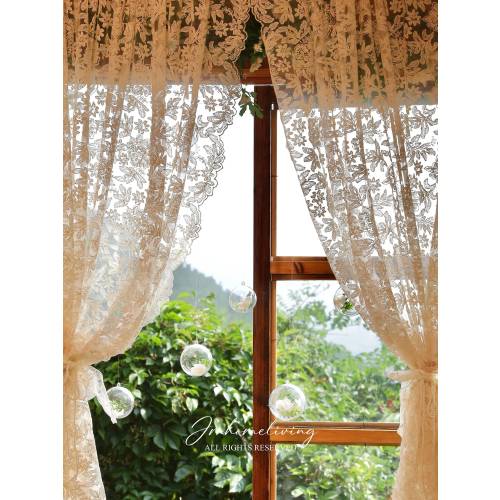 Lace Embroidered Gauze Sheer Curtain, Cream Ruffle French Country Style One Panel Window Decor Curtain