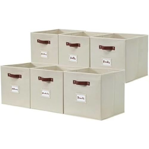DECOMOMO Storage Bins | Cube Storage Bin with Label Holders, Fabric Storage Cubes for Organizing Shelves Closet Toy Clothes (10.5" x 11" / 6pcs, Beige)