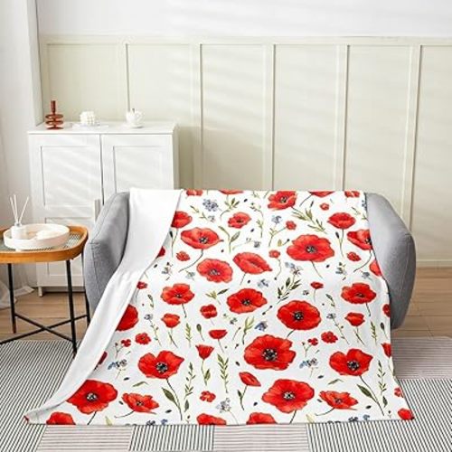 Feelyou Red Poppy Fuzzy Blanket Baby 30"x40" Floral Flower Blossom Printed Flannel Fleece Throw Blanket for Kids Boys Girls Decor Botanical Branches All Season Bed Blanket Spring Garden Plush Blanket