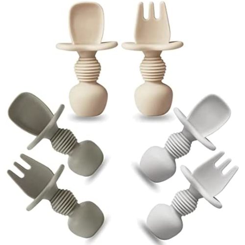 PandaEar 6 Pack Silicone Baby Spoons and Fork Feeding Set- Anti-Choke First Self Feeding Utensils for Baby Led Weaning Ages 3 Months