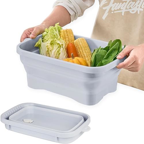 Collapsible Dish Pans, 2Gal (7.5L) Capacity, Plastic Dish Tub Dishpan for Kitchen Sink with Drainage Hole, Foldable Small Wash Basin for Kitchen, Camping, Travel (Light Blue)