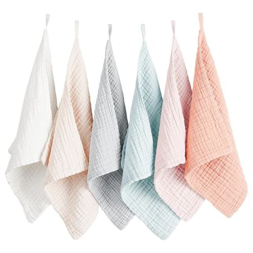 Konssy 6 Pack Baby Muslin Washcloths for Unisex 100% Cotton Wash Cloth Set for Baby Face Body Comfy and Soft for Newborn Infants Kids Girls and Boys