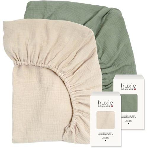 Mini Crib Sheets – Organic Cotton Muslin Fitted Crib Sheet – Fitted for Pack and Play 24" x 38" Ultra-Soft and Breathable (Fog/Roman Green)