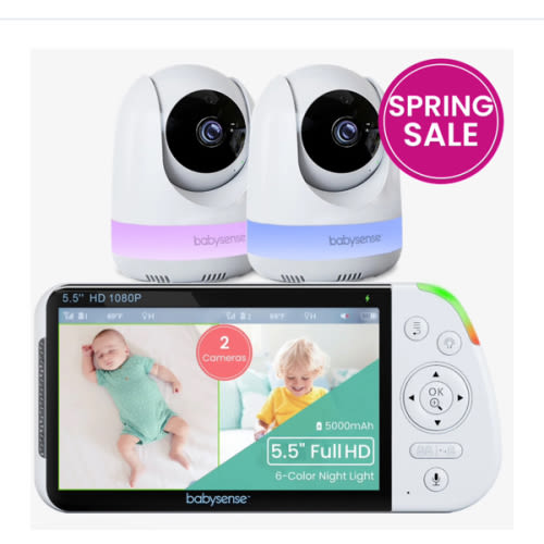 Babysense Max View: Video Baby Monitor with 2 Cameras, Split Screen, Non Wifi, Night Light & Sound Machine