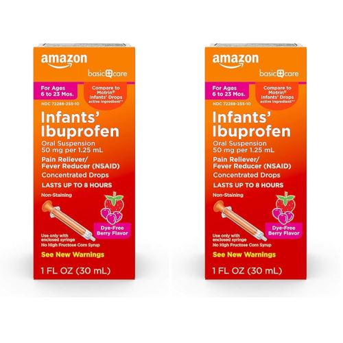 Amazon Basic Care Infants’ Ibuprofen Oral Suspension, 50 mg/1.25 mL, Berry Flavor Concentrated Drops, Dye-Free, 1 fl oz (Pack of 2)
