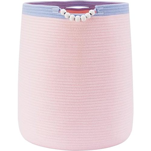 90L Pink Laundry Hamper Basket for Girls Kids Baby Nursery Hamper Bin Woven Cotton Rope Storage Basket for Living Room Girls Room Boho Cute Tall Baskets for Blankets Toys Large