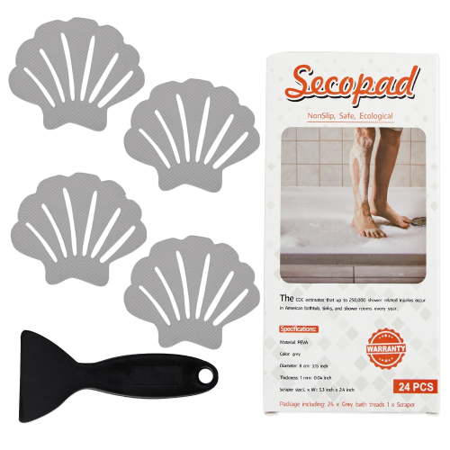 Secopad Non-Slip Bathtub Stickers, 24 PCS Shell Safety Bathroom Tubs Showers Treads Adhesive Decals Scraper