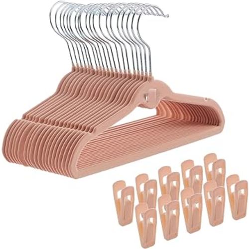 Baby Hangers Velvet 20 Pack - 11" Inch Stackable Kids Clothes Hangers + 10 Hanger Clips - Non Slip Child Hangers for Infant Toddler Closet, Pink