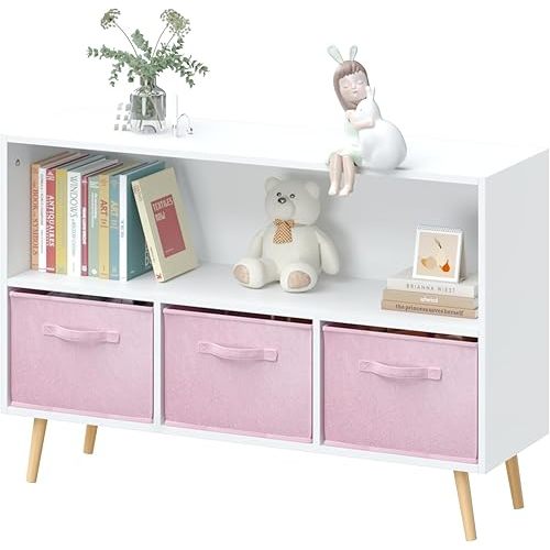 Kids Bookcase and Bookshelf, Multi Shelf Toy Storage Organizer, Kids Bookshelf with 3 Collapsible Fabric Drawers and Pine Legs, Kids Book and Toy Display Rack for Bedroom, Playroom White+Pink