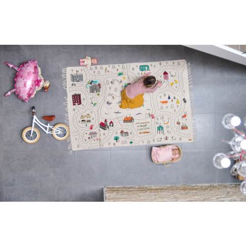 Large Organic Kids Play Rug, Montessori Playroom Road Carpet, Cotton Nursery City Mat, Baby Boy Activity Room, Neutral Floor Car Runner